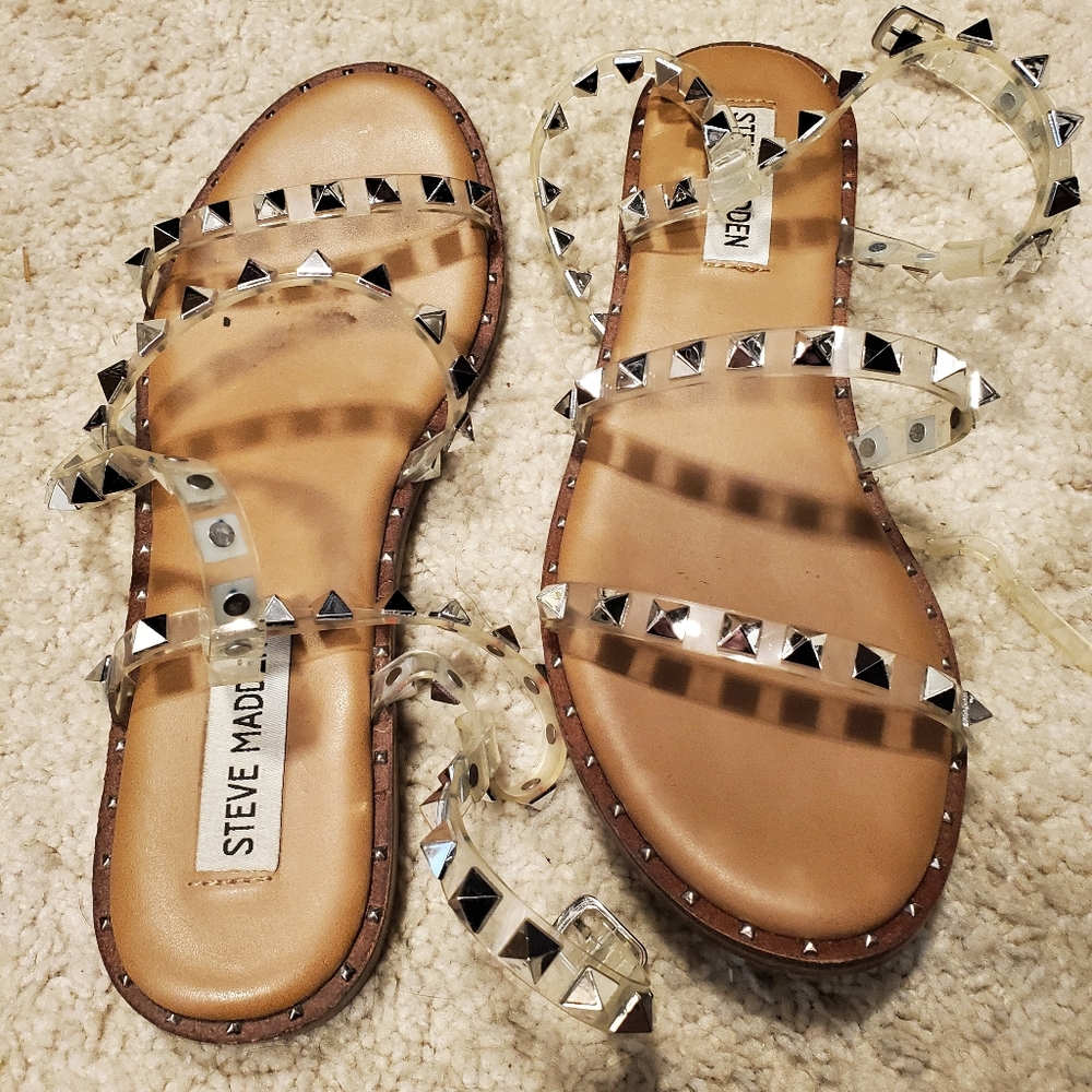 Steve Madden ankle wrap sandal. Size 6.5 clear plastic straps with silver detail